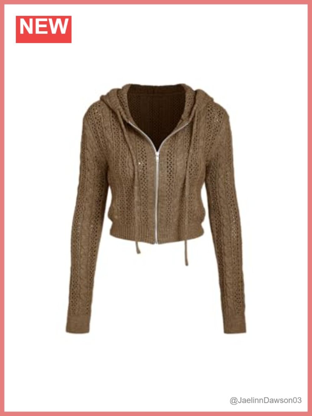 Hooded Zip Up Hollow Out Knit Cardigan Cotton Acrylic Long Sleeve Sweater